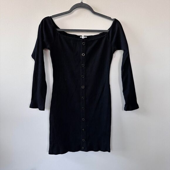Lunik Women's Black Ribbed Bodycon Off Shoulder Button Down Long Sleeve Dress  L - Picture 7 of 12